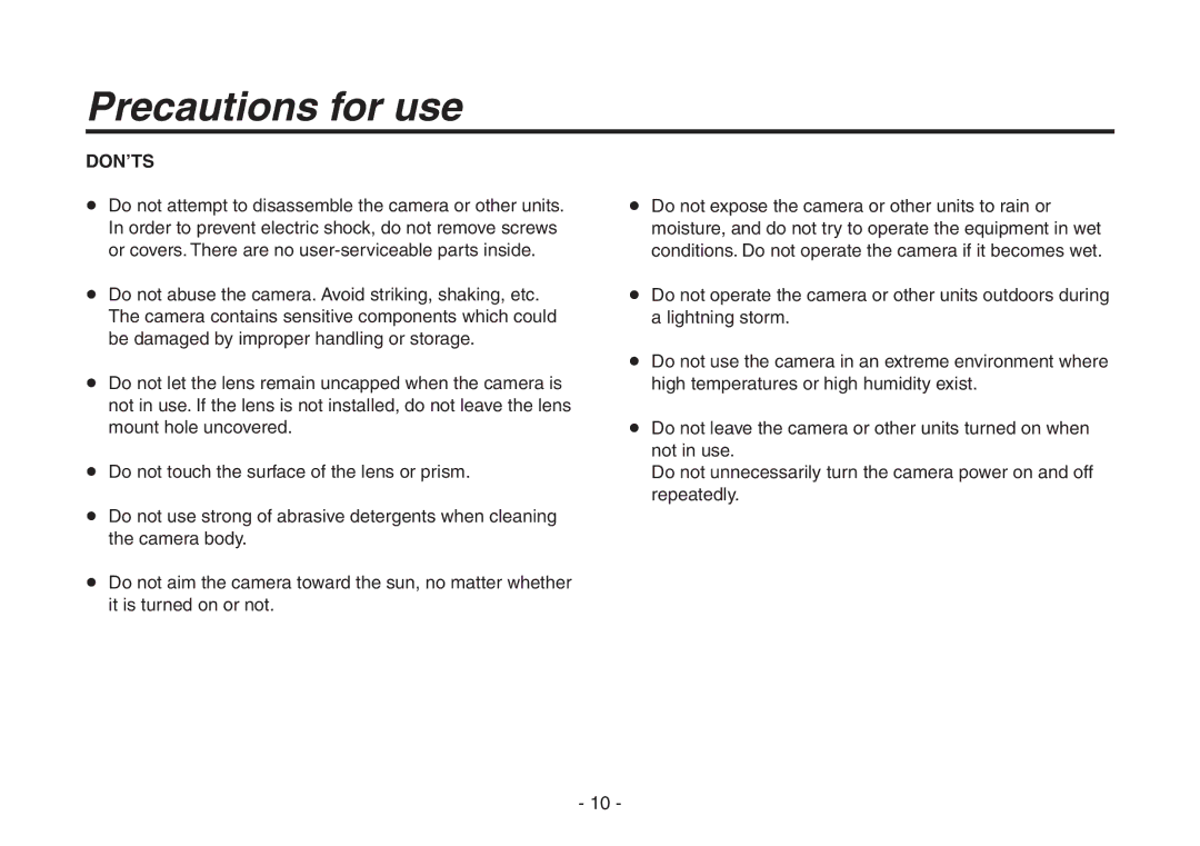 Panasonic AW-HE870N operating instructions Precautions for use, Don’Ts 