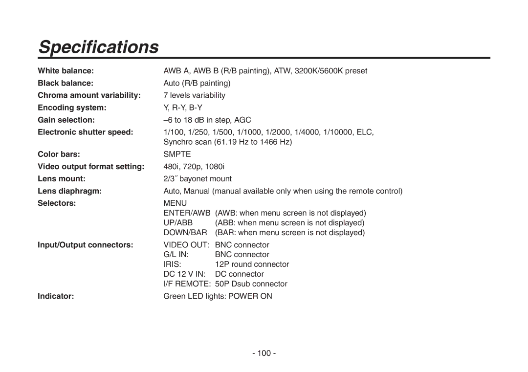 Panasonic AW-HE870N White balance, Black balance, Chroma amount variability, Encoding system, Gain selection, Color bars 