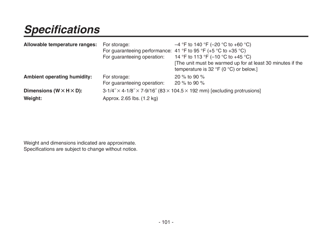 Panasonic AW-HE870N Allowable temperature ranges, Ambient operating humidity, Dimensions W  H  D, Weight 