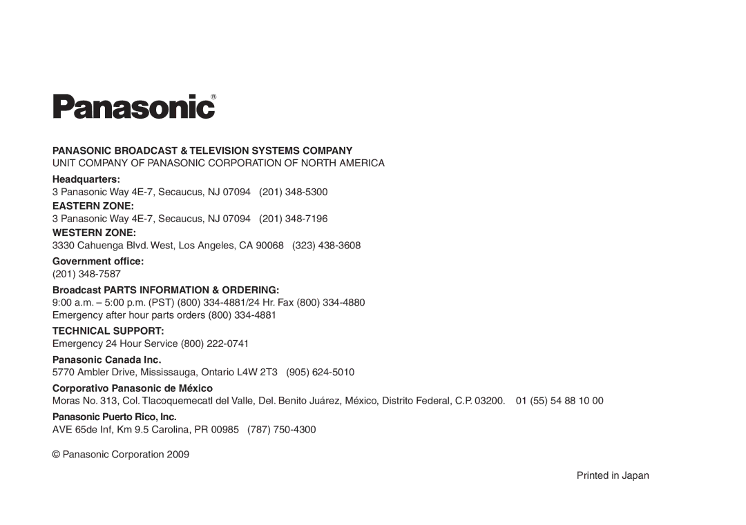 Panasonic AW-HE870N operating instructions Eastern Zone 