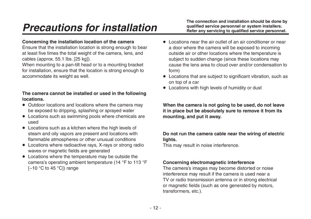 Panasonic AW-HE870N operating instructions Precautions for installation, Concerning the installation location of the camera 