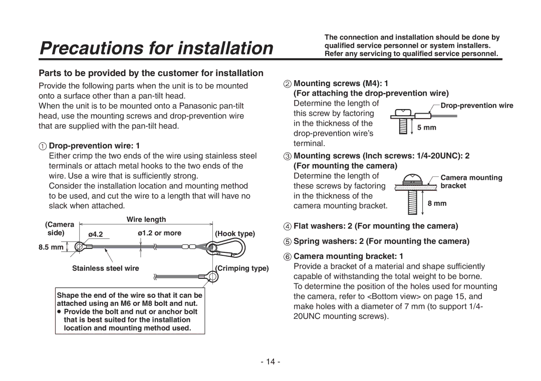 Panasonic AW-HE870N operating instructions Parts to be provided by the customer for installation,  Drop-prevention wire 