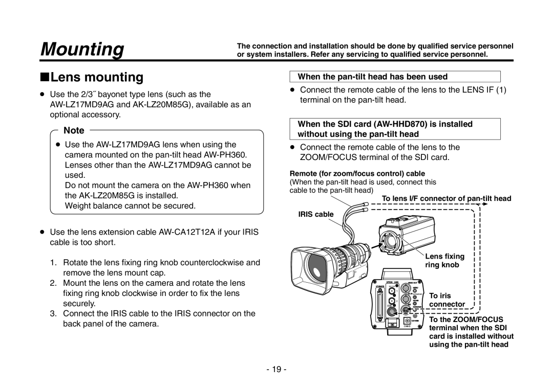 Panasonic AW-HE870N operating instructions Mounting, Lens mounting, When the pan-tilt head has been used 