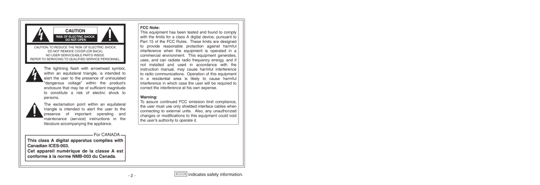 Panasonic AW-HE870N operating instructions FCC Note, Risk of Electric Shock Do not Open 