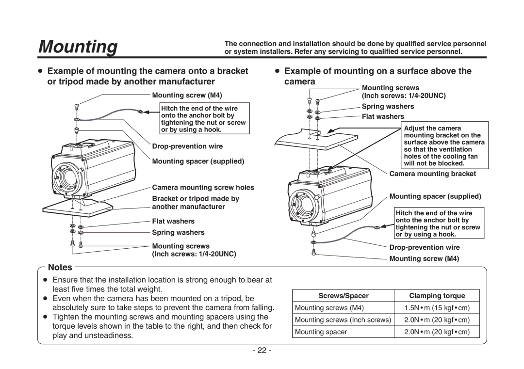 Panasonic AW-HE870N  Example of mounting on a surface above Camera, Camera mounting bracket Mounting spacer supplied 