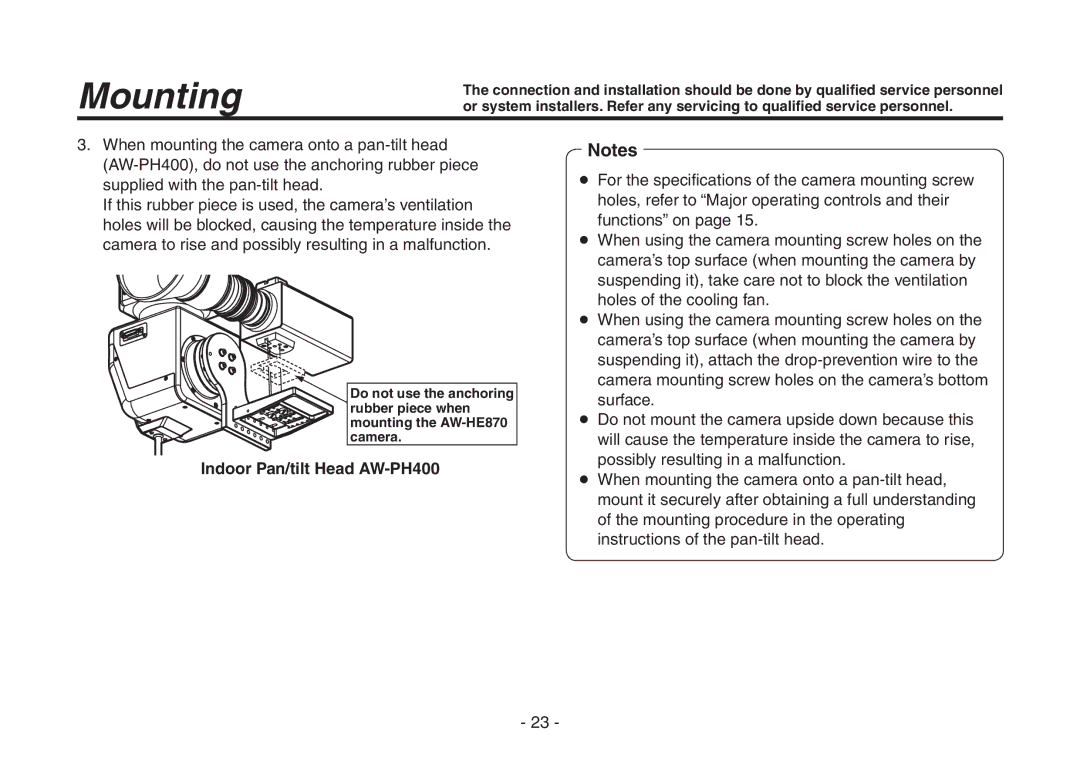 Panasonic AW-HE870N operating instructions Indoor Pan/tilt Head AW-PH400 