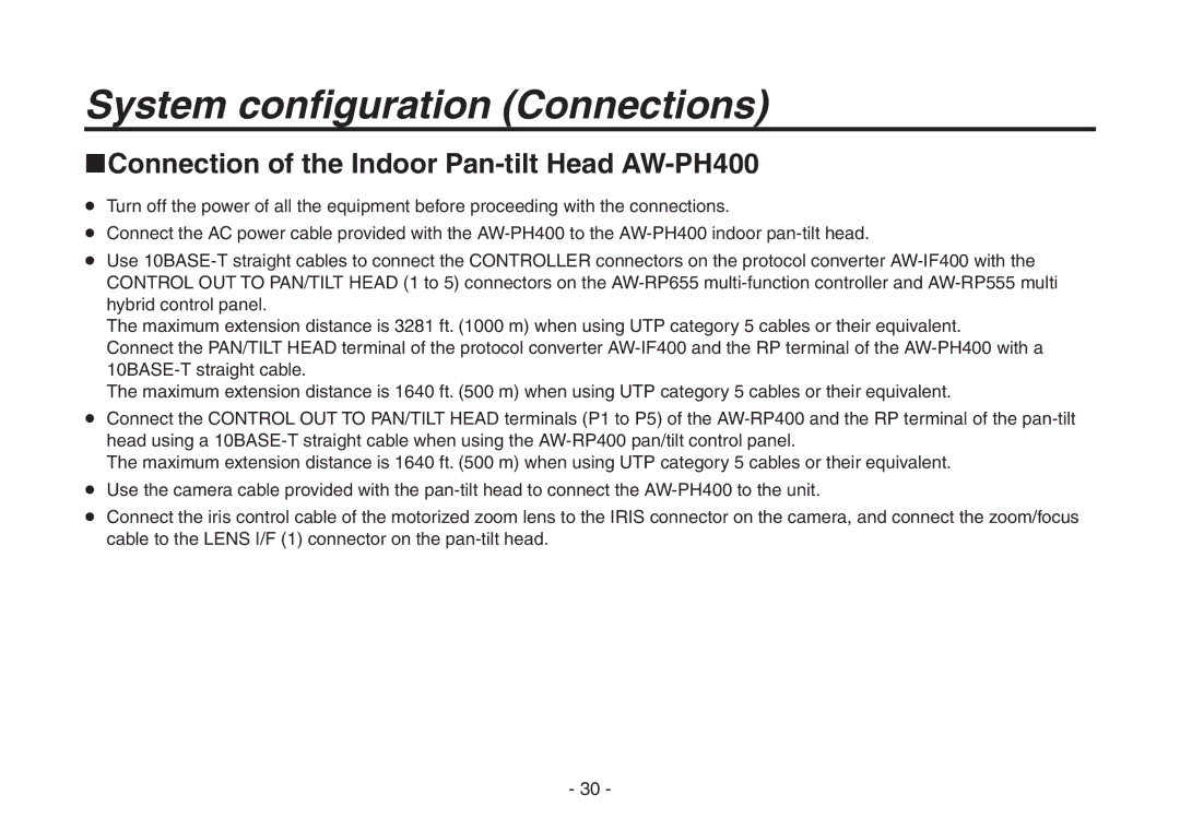 Panasonic AW-HE870N operating instructions Connection of the Indoor Pan-tilt Head AW-PH400 