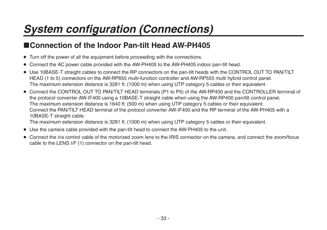 Panasonic AW-HE870N operating instructions Connection of the Indoor Pan-tilt Head AW-PH405 