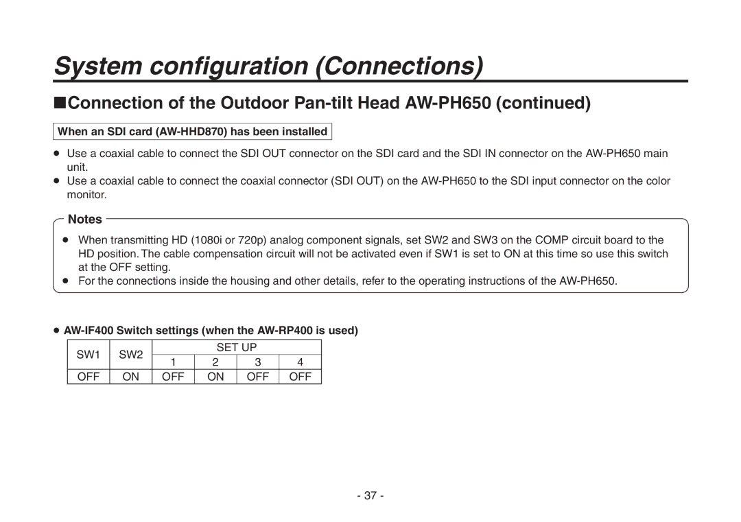 Panasonic AW-HE870N operating instructions  AW-IF400 Switch settings when the AW-RP400 is used 