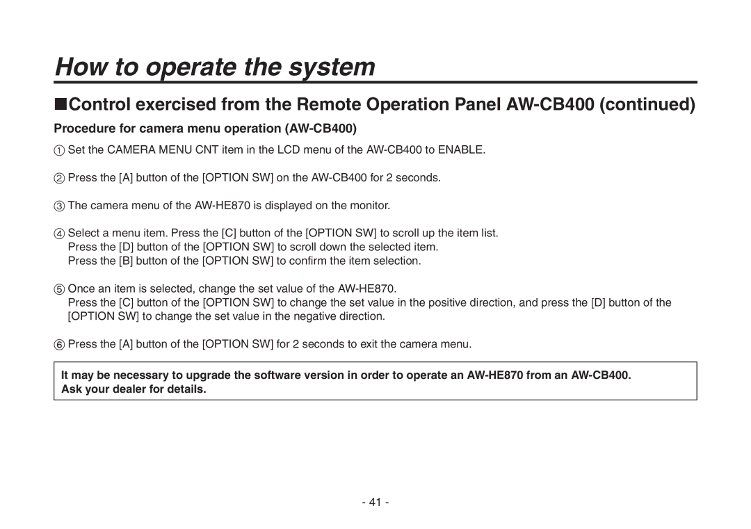 Panasonic AW-HE870N operating instructions Procedure for camera menu operation AW-CB400 