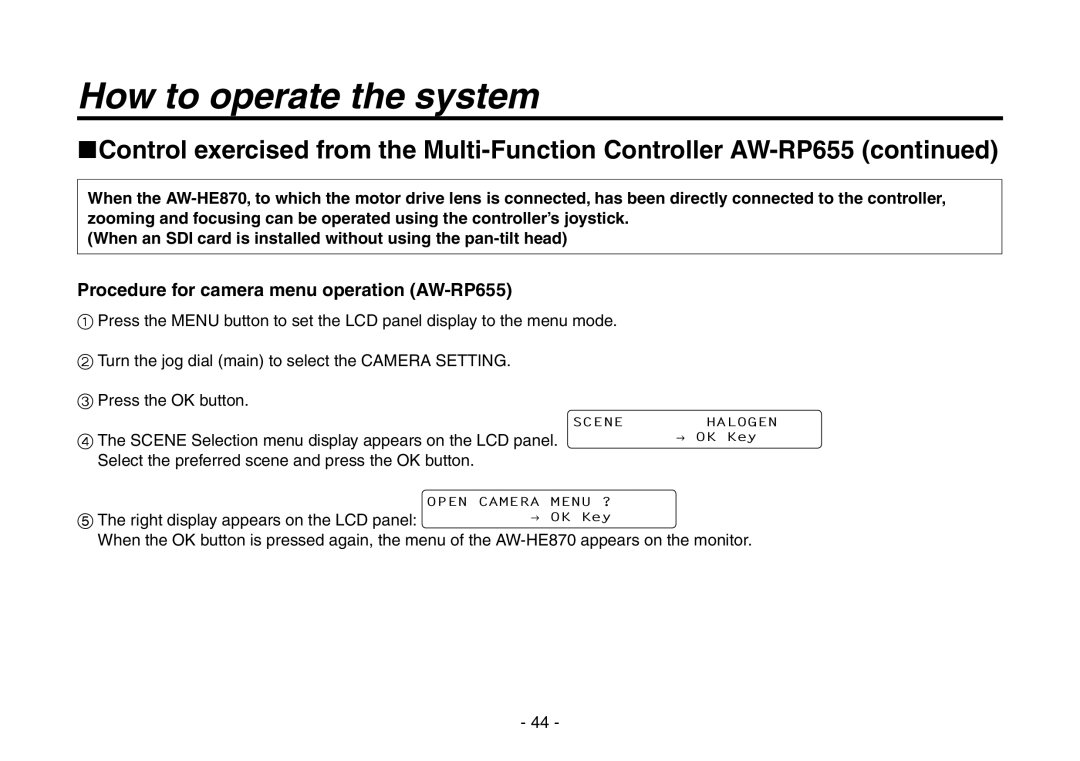 Panasonic AW-HE870N operating instructions Procedure for camera menu operation AW-RP655 