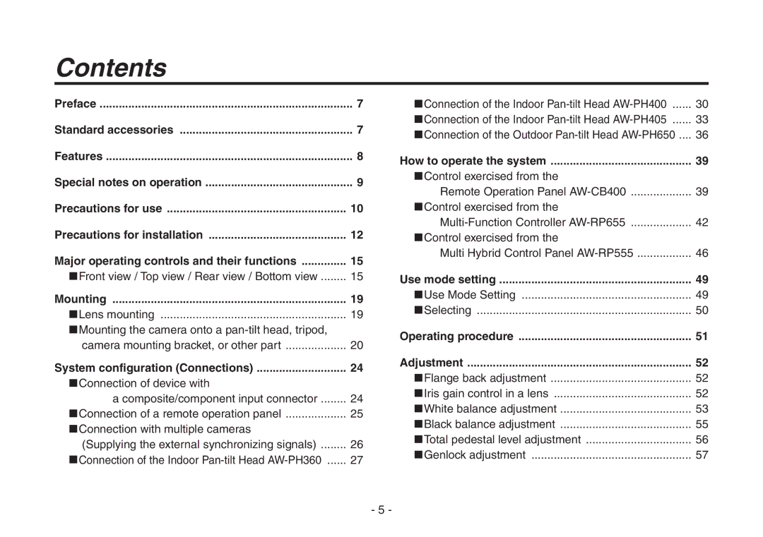 Panasonic AW-HE870N operating instructions Contents 