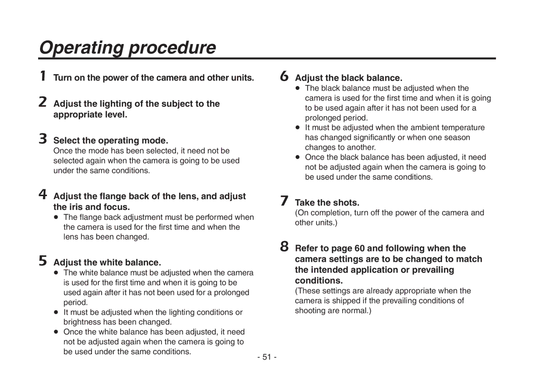 Panasonic AW-HE870N operating instructions Operating procedure, Adjust the black balance, Take the shots 