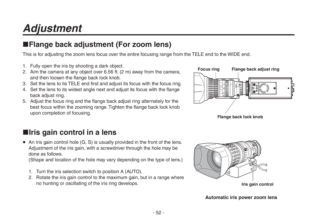 Panasonic AW-HE870N operating instructions Adjustment, Flange back adjustment For zoom lens, Iris gain control in a lens 