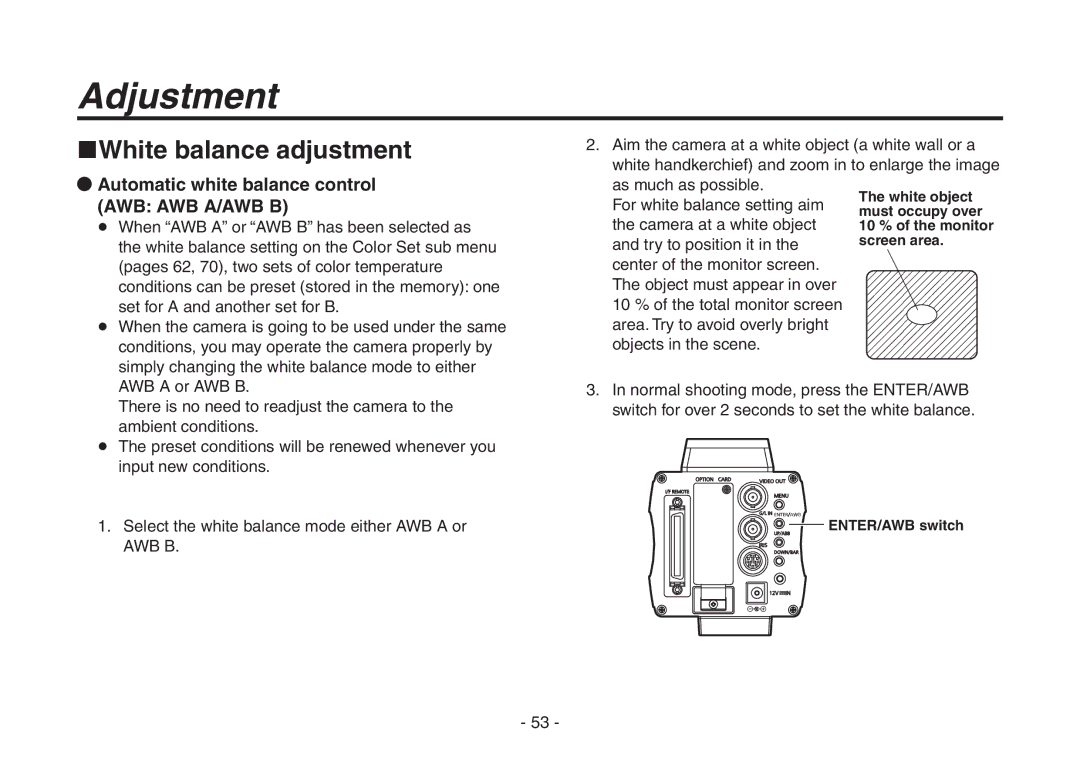 Panasonic AW-HE870N operating instructions White balance adjustment,  Automatic white balance control AWB AWB A/AWB B 