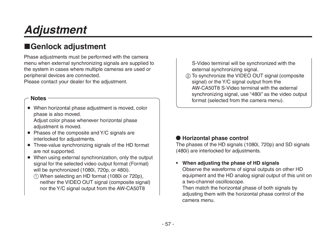 Panasonic AW-HE870N Genlock adjustment,  Horizontal phase control, When adjusting the phase of HD signals 