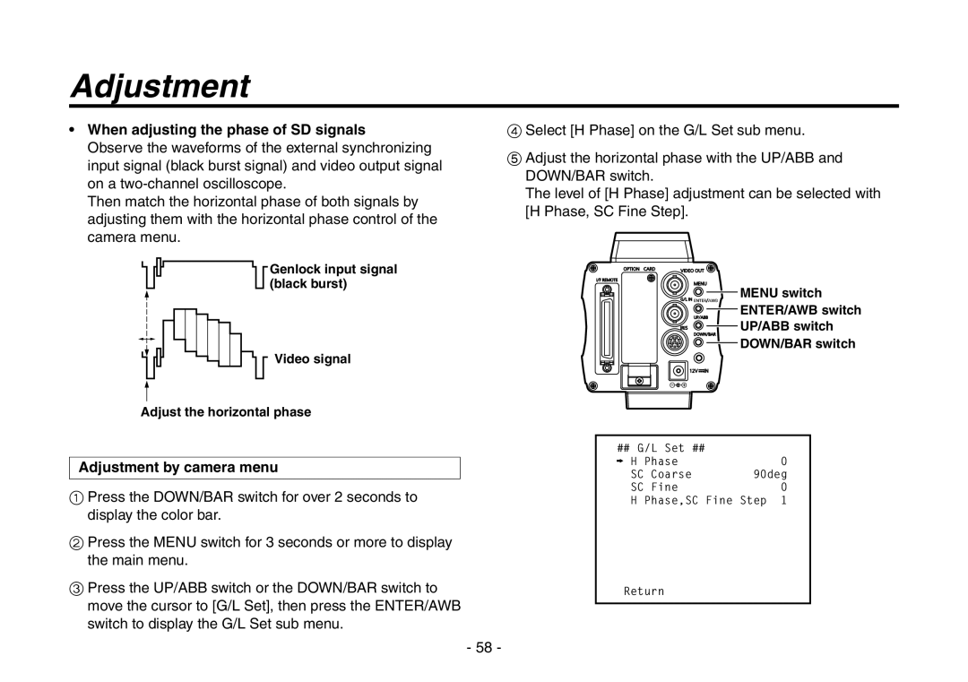 Panasonic AW-HE870N operating instructions When adjusting the phase of SD signals, Adjustment by camera menu 