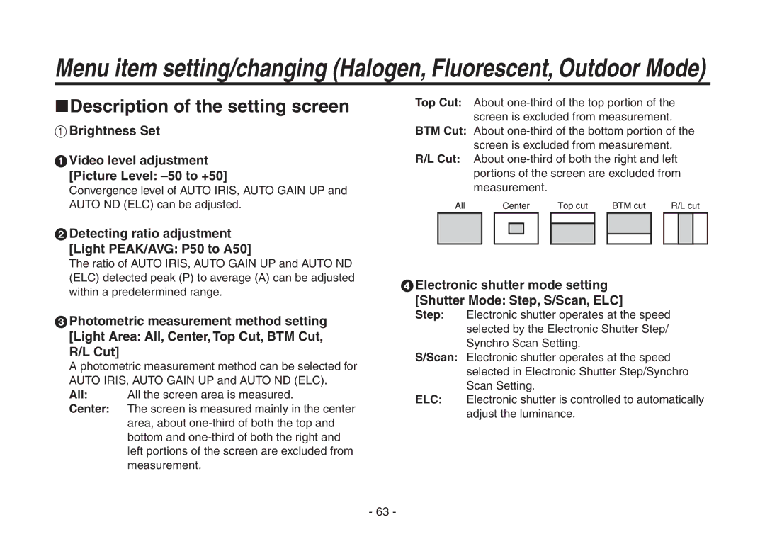 Panasonic AW-HE870N Description of the setting screen,  Detecting ratio adjustment Light PEAK/AVG P50 to A50 