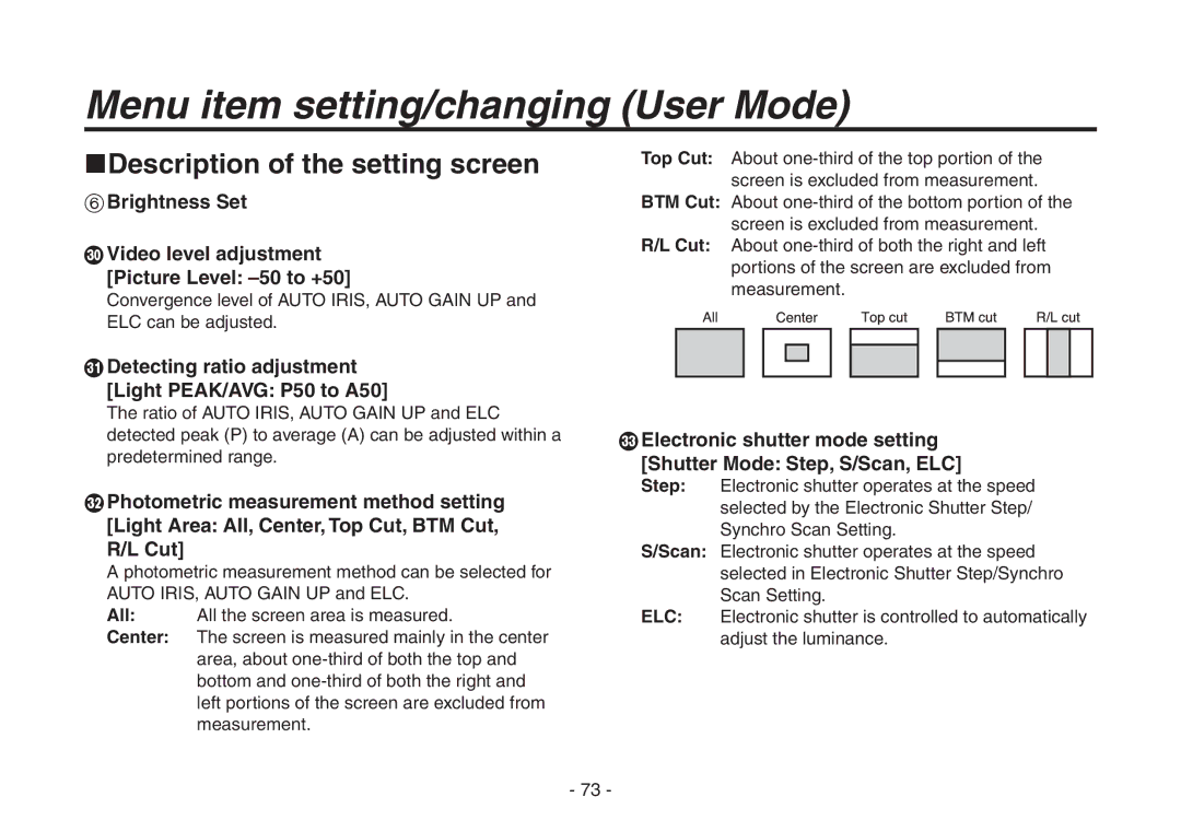 Panasonic AW-HE870N Description of the setting screen,  Detecting ratio adjustment Light PEAK/AVG P50 to A50 