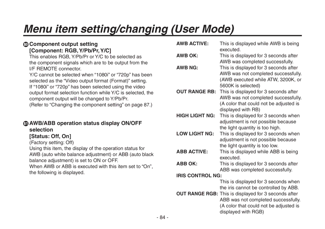 Panasonic AW-HE870N operating instructions  Component output setting Component RGB, Y/Pb/Pr, Y/C 