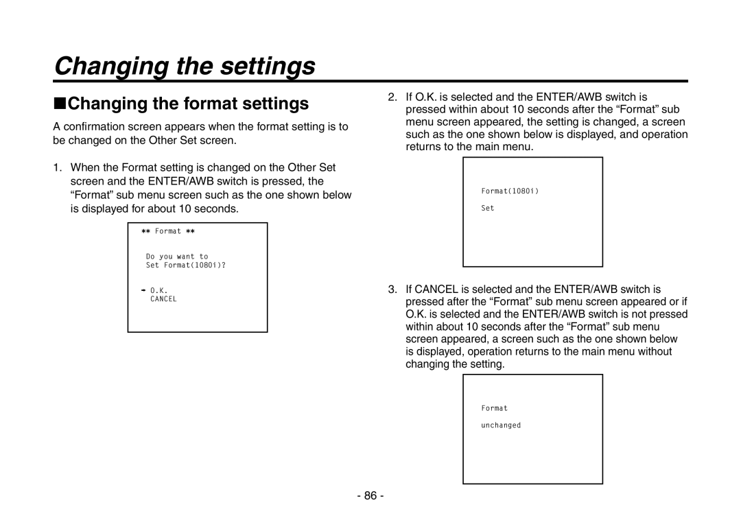 Panasonic AW-HE870N operating instructions Changing the settings, Changing the format settings 