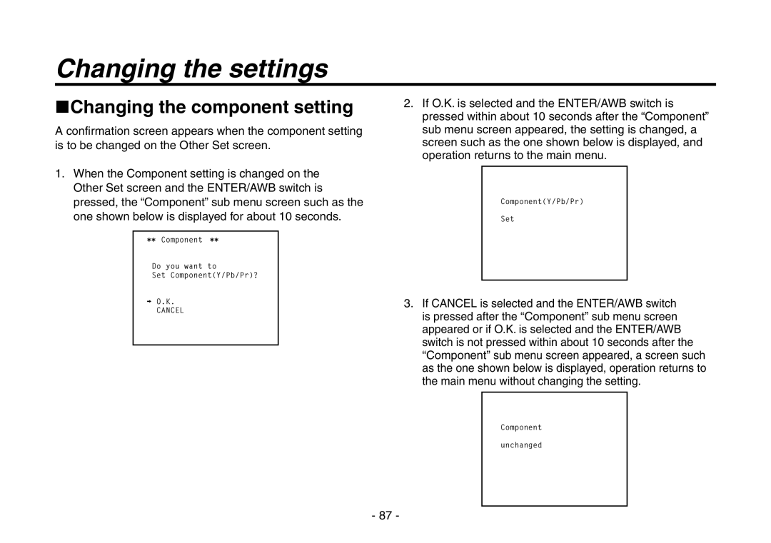 Panasonic AW-HE870N operating instructions Changing the component setting 