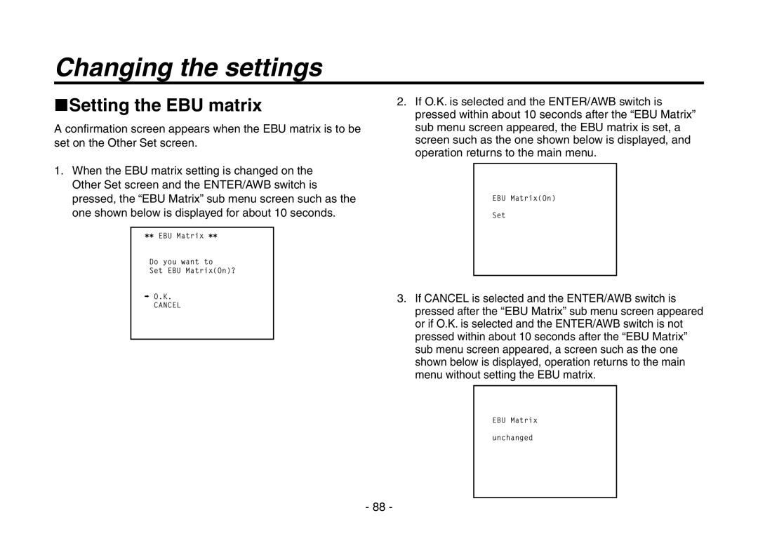 Panasonic AW-HE870N operating instructions Setting the EBU matrix 