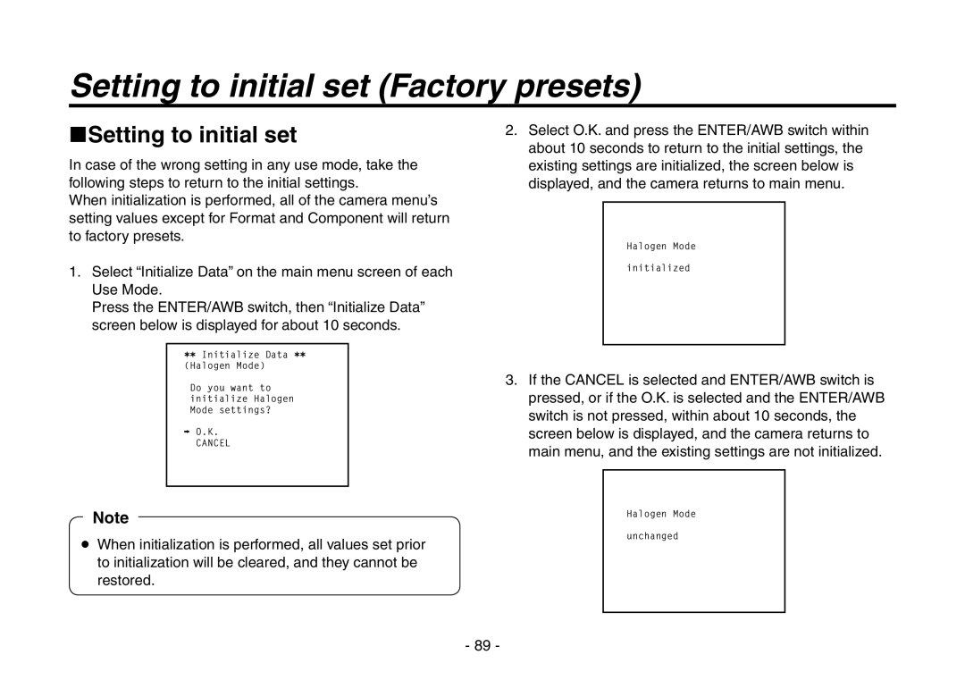 Panasonic AW-HE870N operating instructions Setting to initial set Factory presets, Setting to initial set 