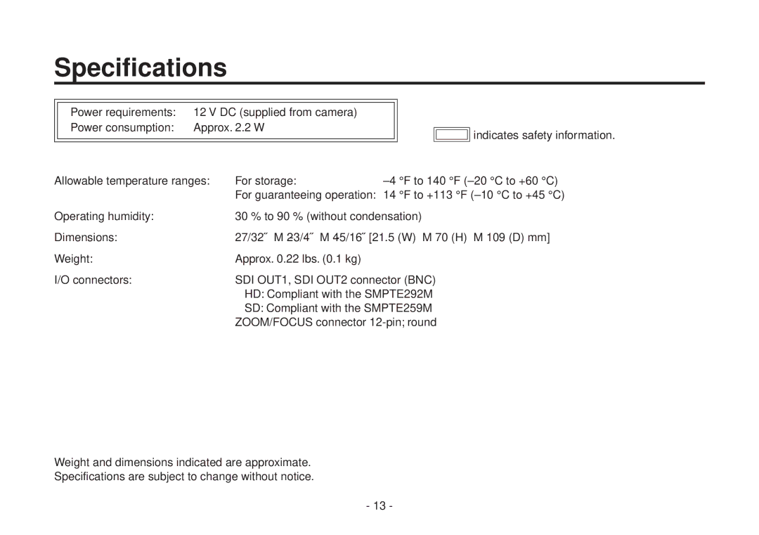 Panasonic AW-HHD870N manual Specifications 