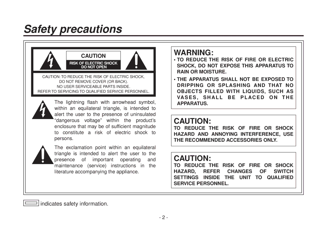 Panasonic AW-HHD870N manual Safety precautions, Do not Open 