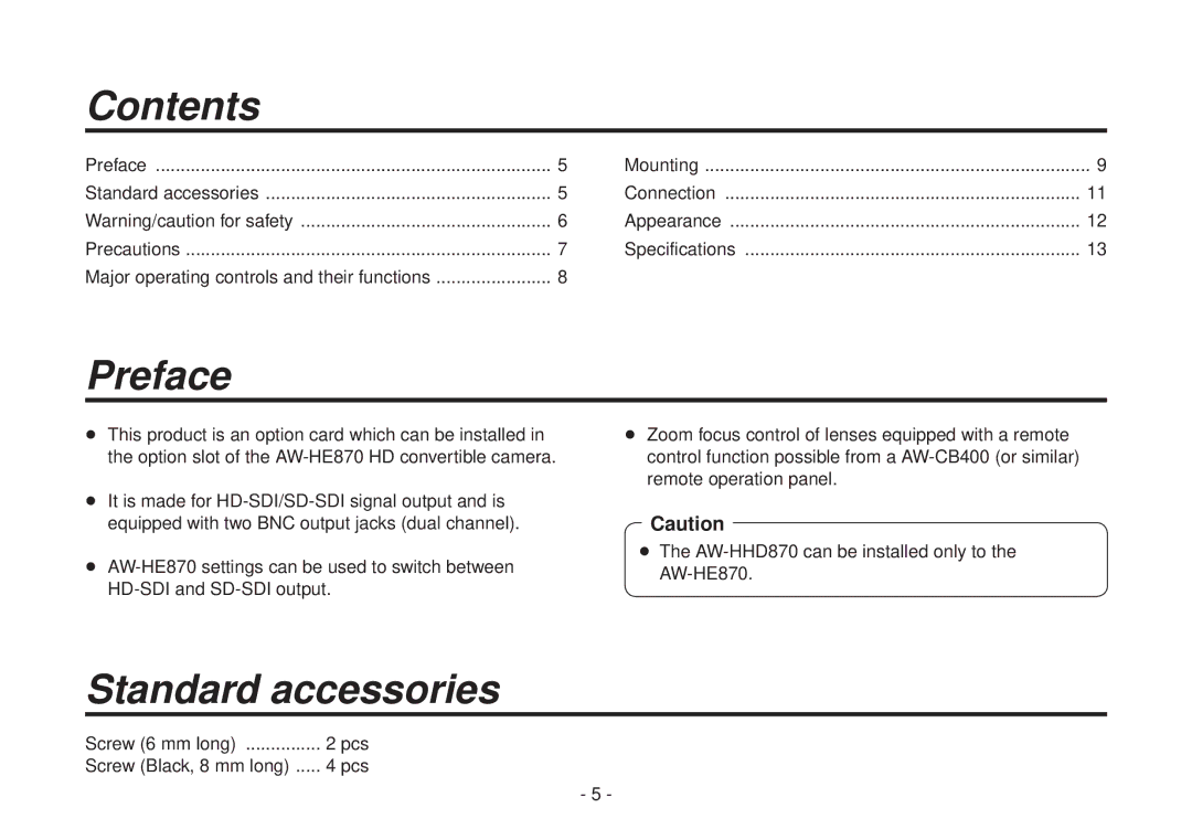 Panasonic AW-HHD870N manual Contents, Preface, Standard accessories 