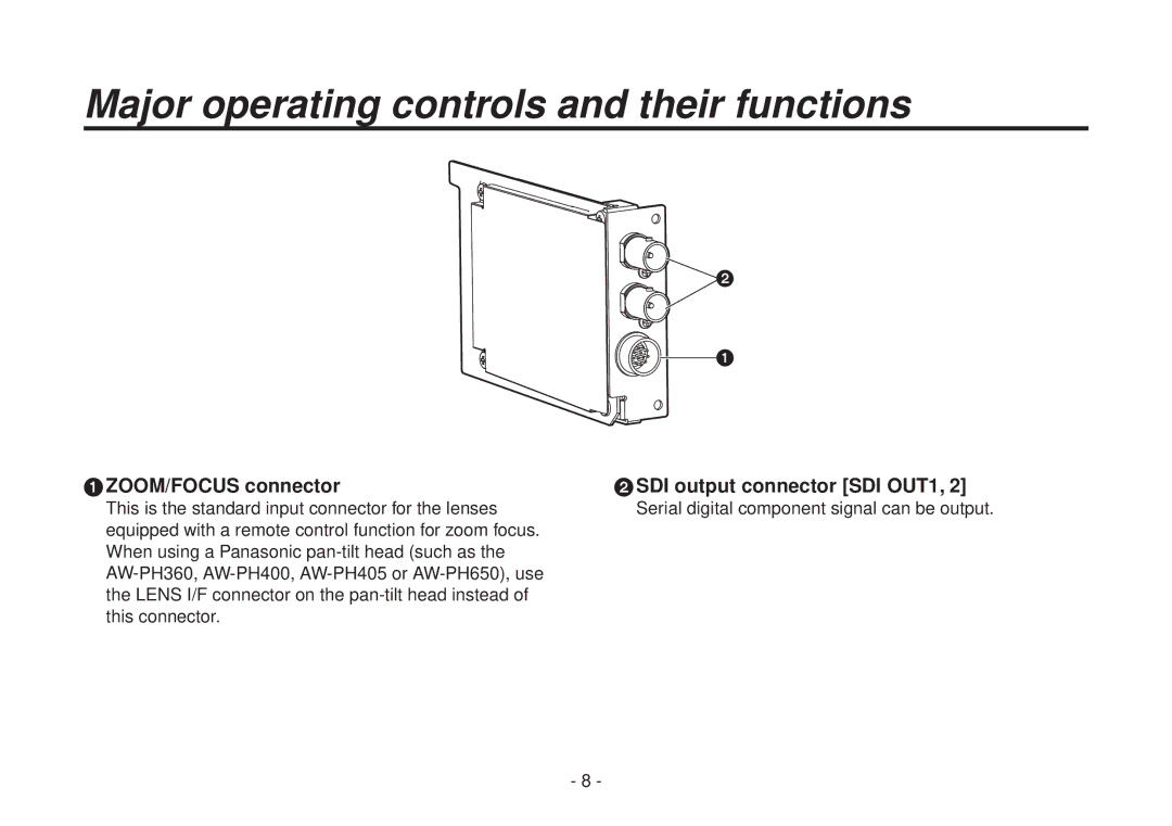 Panasonic AW-HHD870N Major operating controls and their functions, ZOOM/FOCUS connector SDI output connector SDI OUT1 