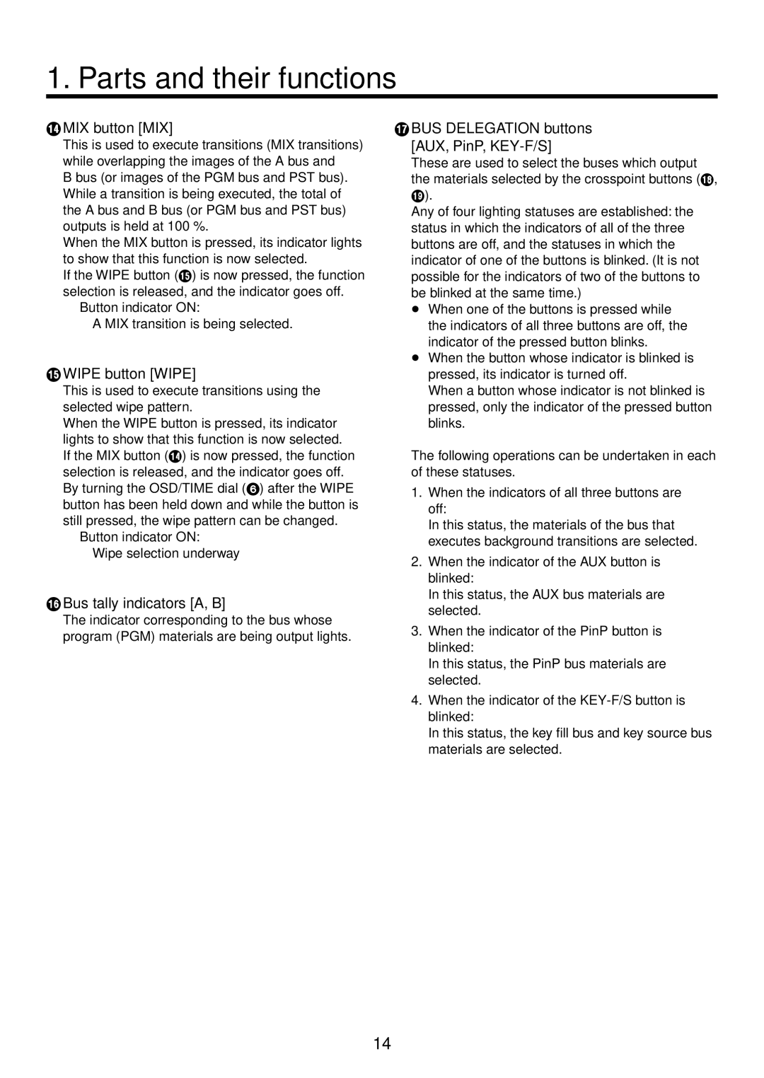 Panasonic AW-HS50N operating instructions  MIX button MIX,  Wipe button Wipe,  Bus tally indicators A, B 