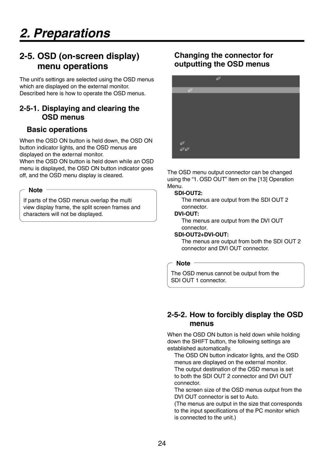 Panasonic AW-HS50N OSD on-screen display menu operations, Displaying and clearing the OSD menus Basic operations 