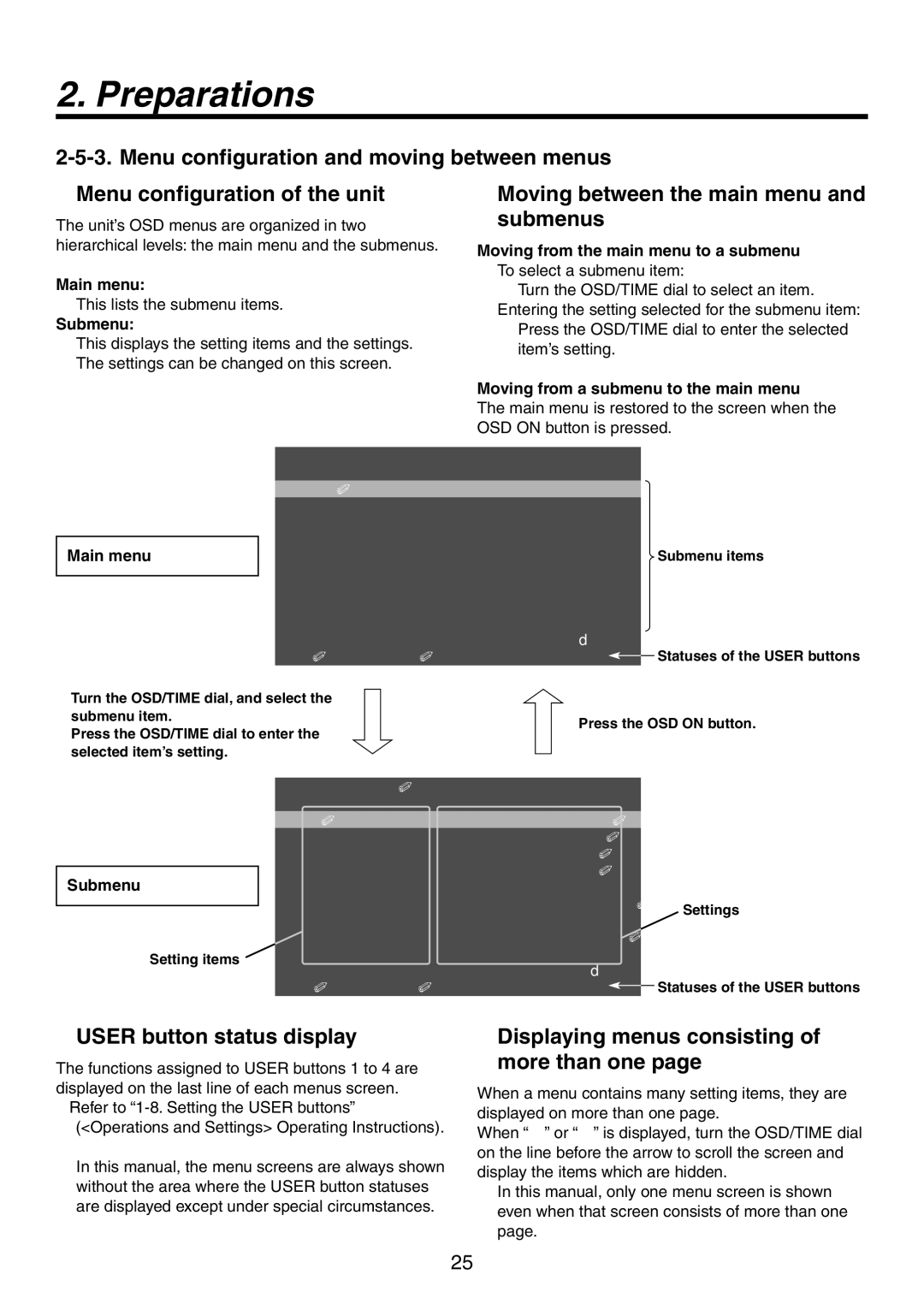 Panasonic AW-HS50N operating instructions Moving between the main menu and submenus, USER button status display 