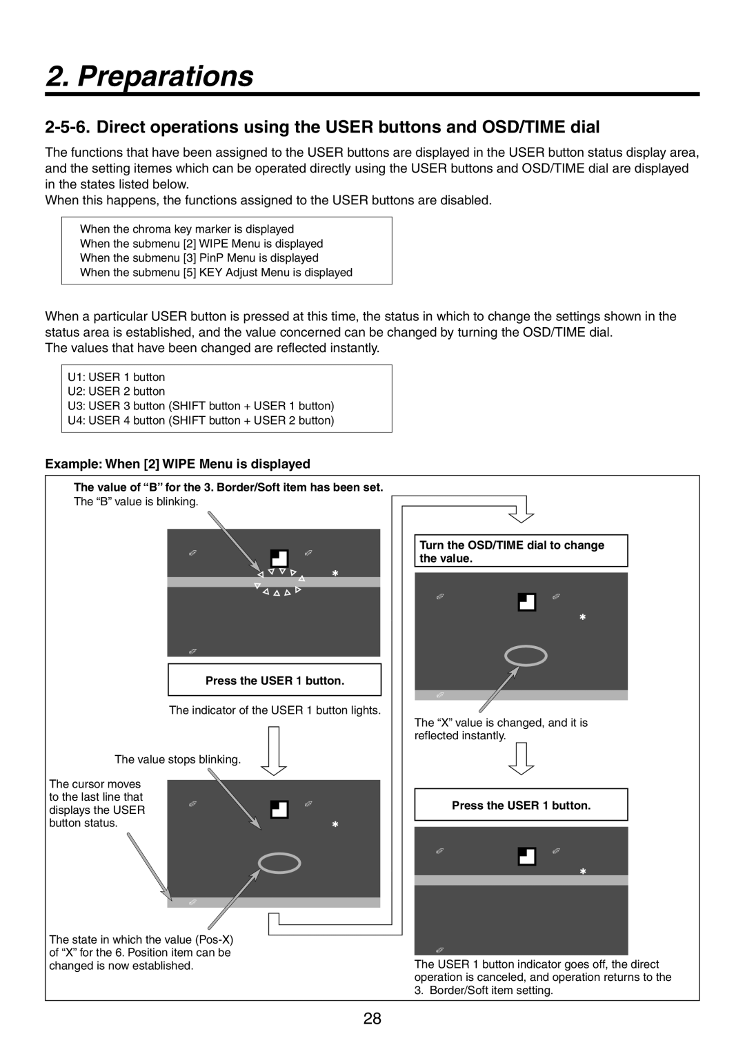 Panasonic AW-HS50N Direct operations using the User buttons and OSD/TIME dial, Example When 2 Wipe Menu is displayed 