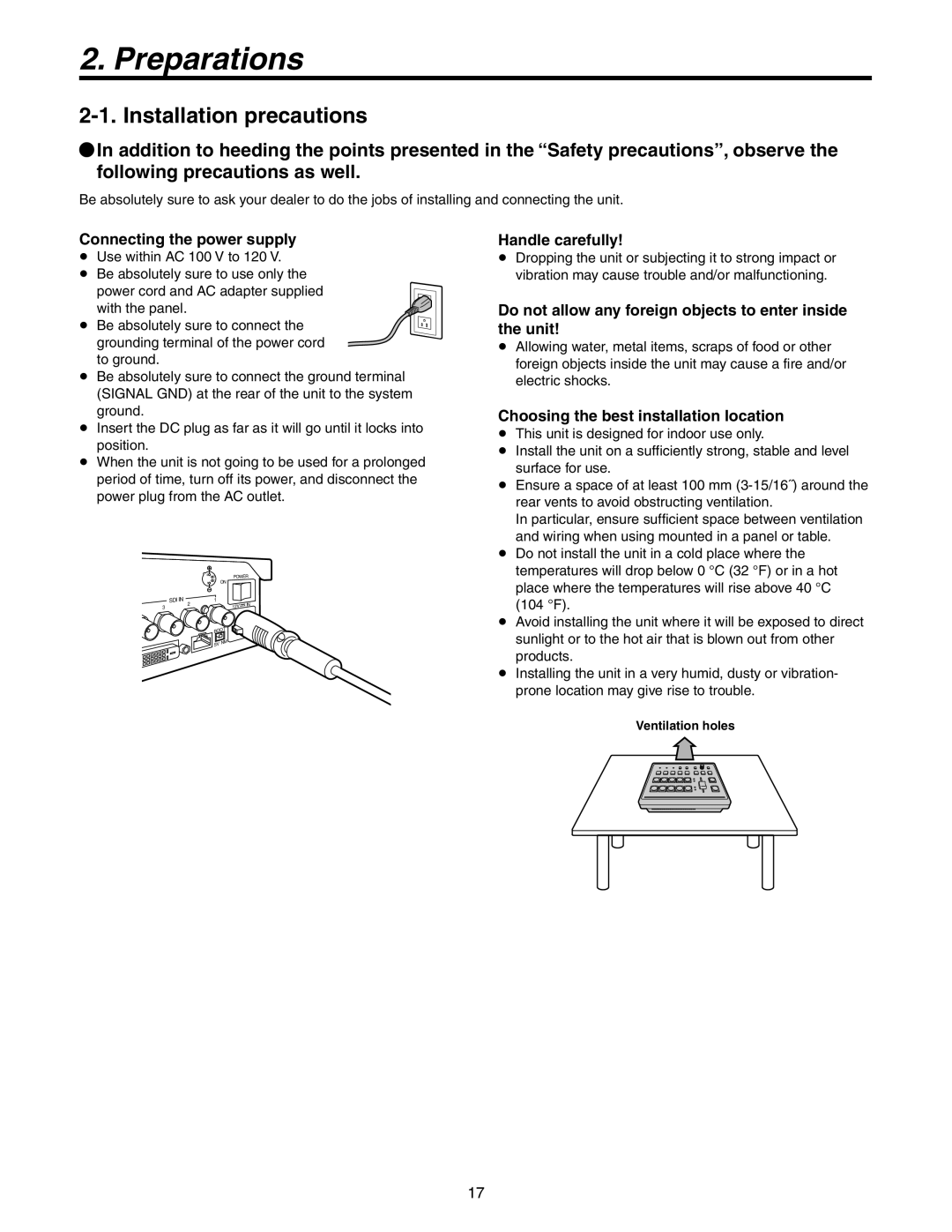 Panasonic AW-HS50N operating instructions Preparations, Installation precautions 