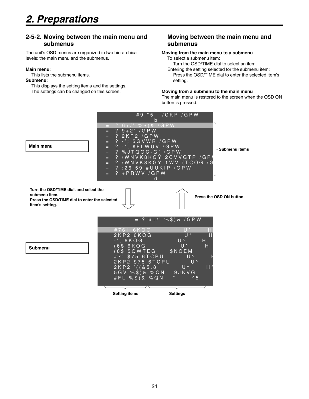 Panasonic AW-HS50N Moving between the main menu and submenus, Main menu, Submenu, Moving from the main menu to a submenu 