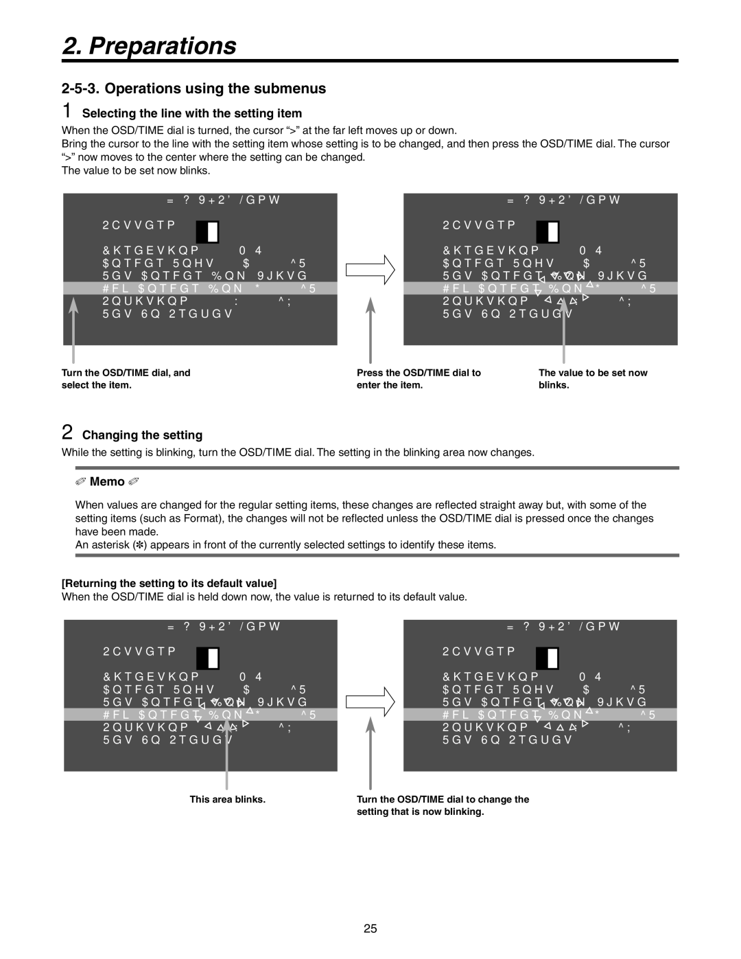 Panasonic AW-HS50N Operations using the submenus, Selecting the line with the setting item, Changing the setting 