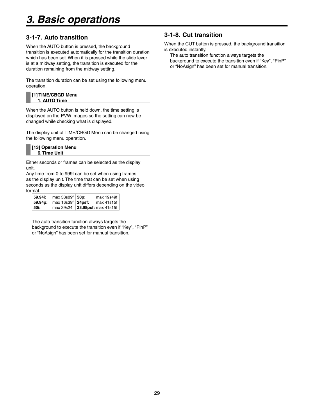 Panasonic AW-HS50N Auto transition, Cut transition, TIME/CBGD Menu Auto Time, Operation Menu Time Unit 