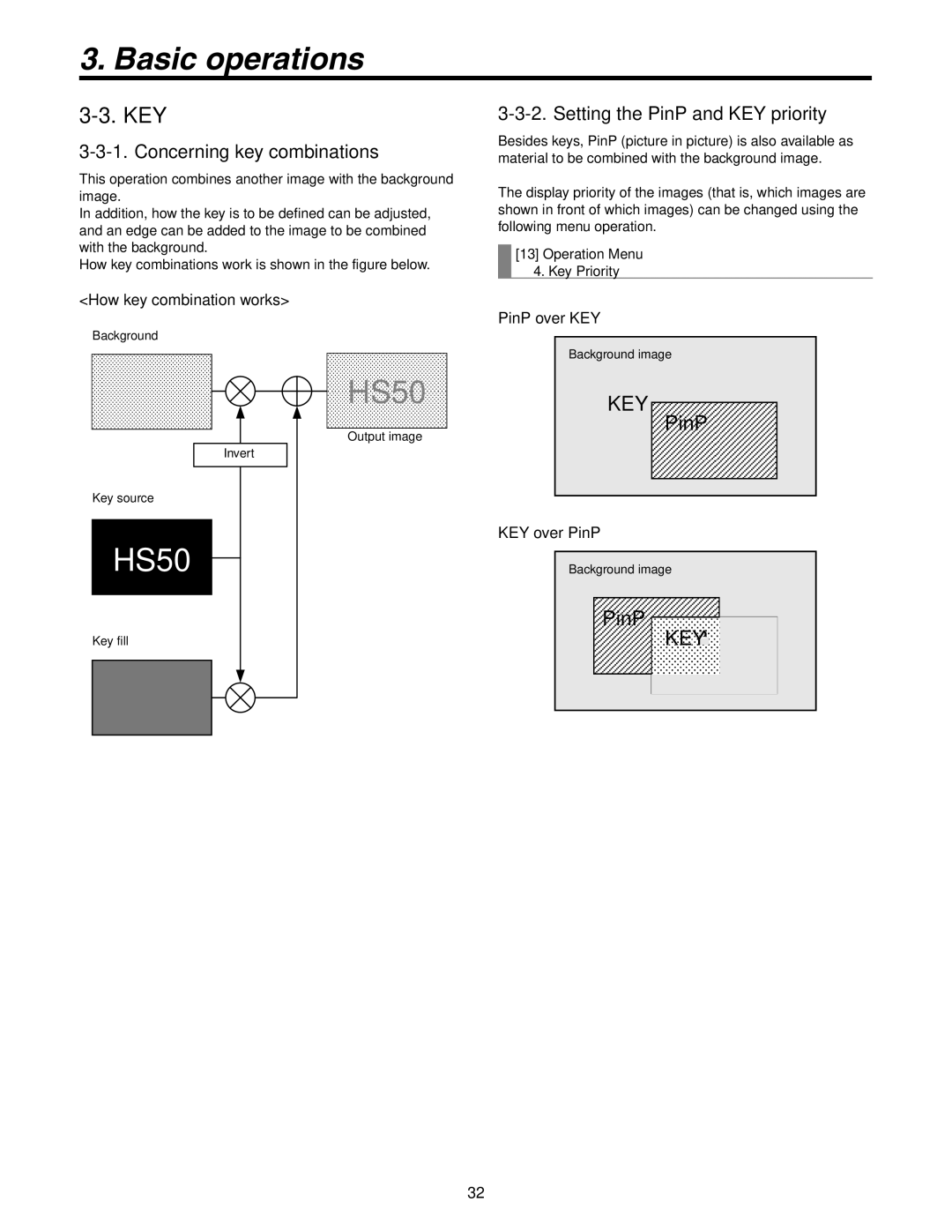 Panasonic AW-HS50N operating instructions Key, Concerning key combinations, Setting the PinP and KEY priority 