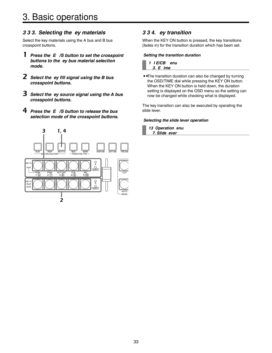 Panasonic AW-HS50N Selecting the key materials, Key transition, Setting the transition duration TIME/CBGD Menu KEY Time 