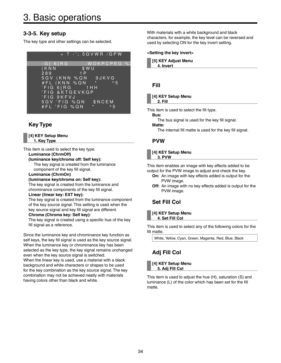 Panasonic AW-HS50N operating instructions Key setup, Key Type, Set Fill Col, Adj Fill Col 