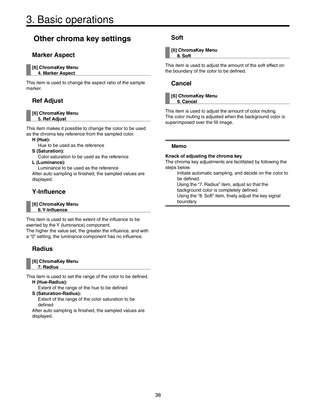 Panasonic AW-HS50N operating instructions Marker Aspect, Ref Adjust, Influence, Radius, Soft, Cancel 