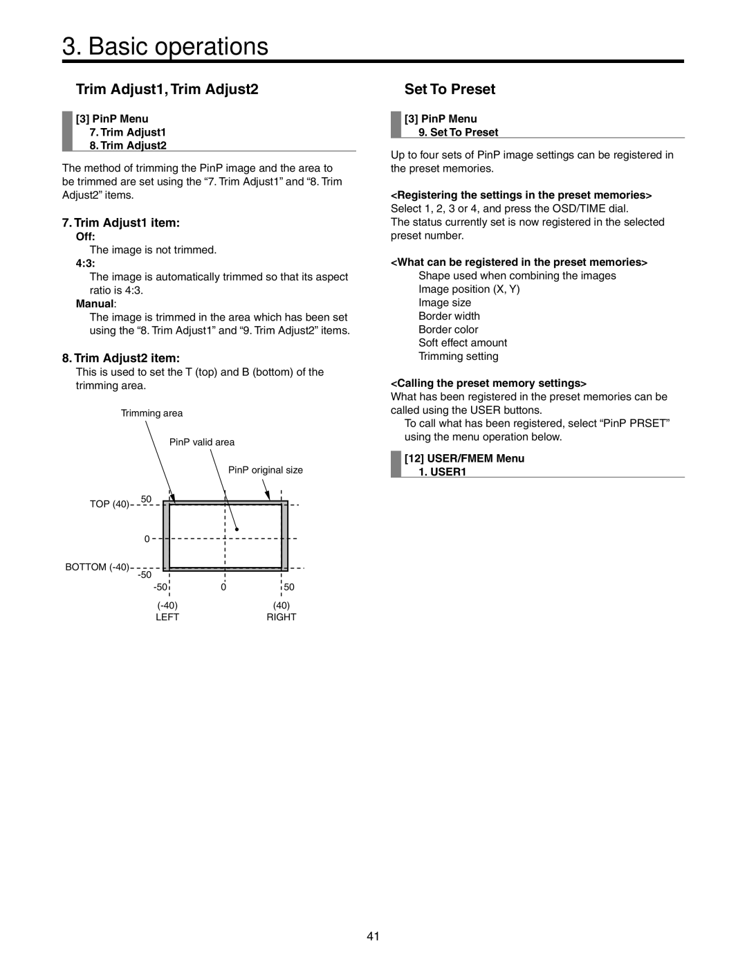 Panasonic AW-HS50N operating instructions Trim Adjust1, Trim Adjust2, Set To Preset, Trim Adjust1 item, Trim Adjust2 item 