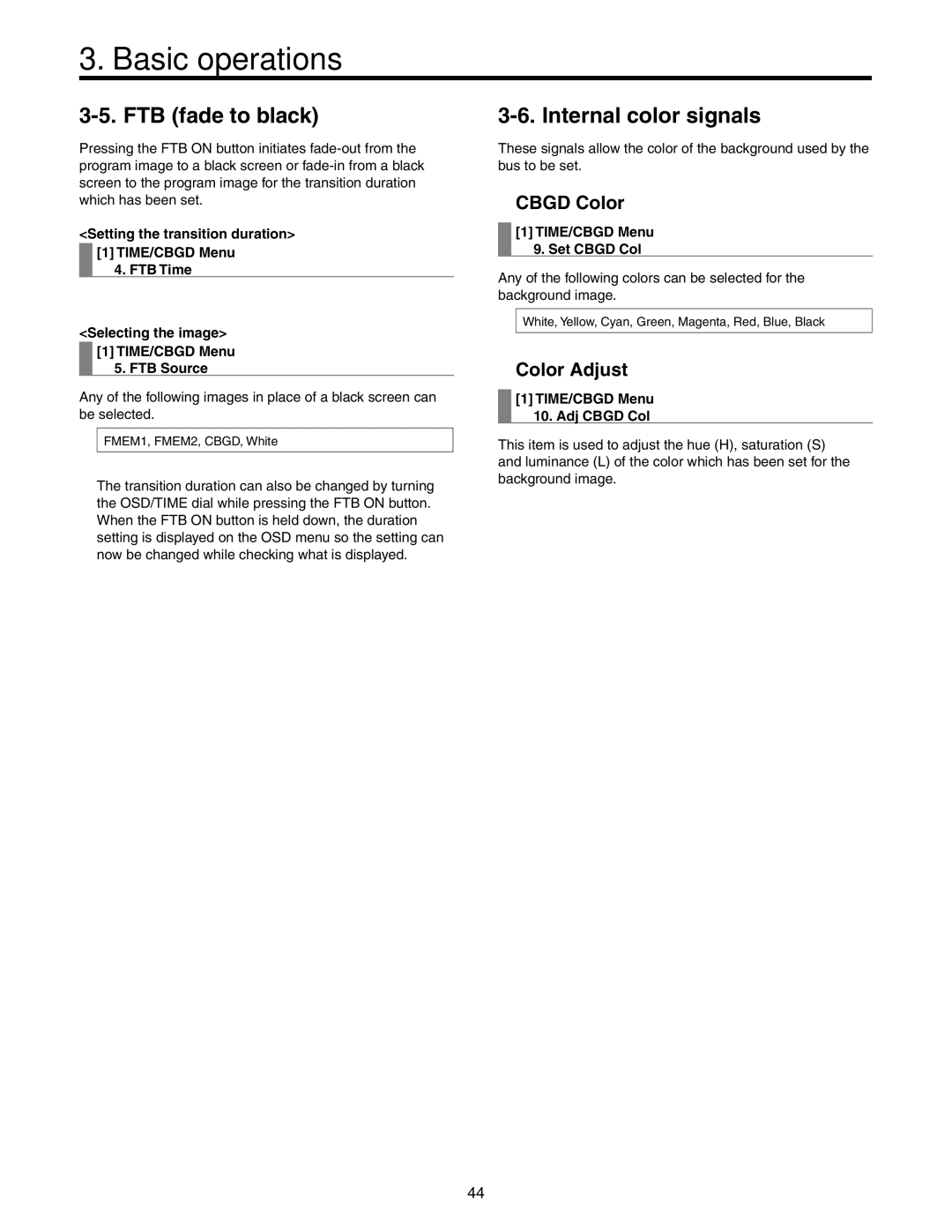 Panasonic AW-HS50N operating instructions FTB fade to black, Internal color signals, Cbgd Color, Color Adjust 