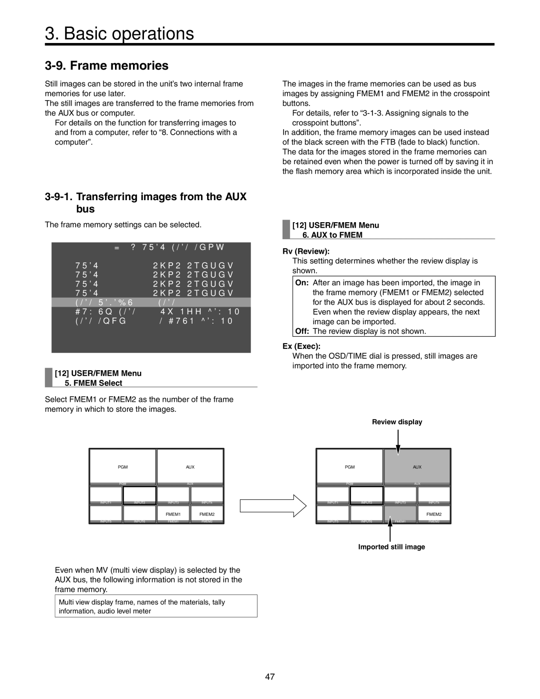 Panasonic AW-HS50N Frame memories, Transferring images from the AUX bus, USER/FMEM Menu Fmem Select, Ex Exec 