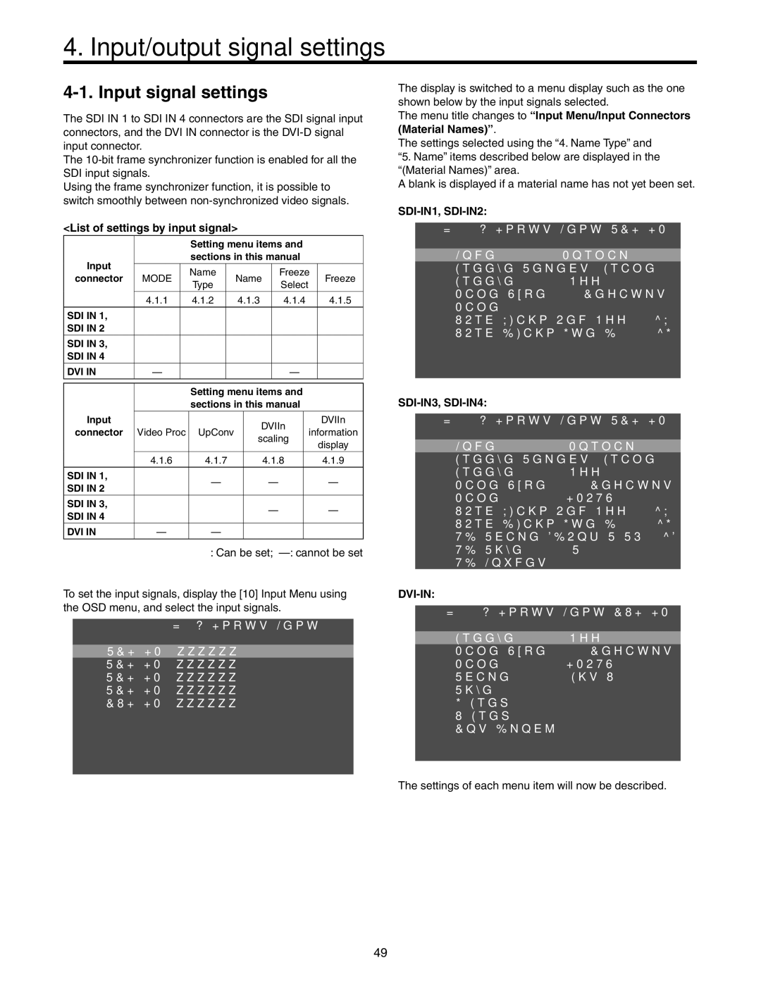 Panasonic AW-HS50N Input/output signal settings, Input signal settings, List of settings by input signal 