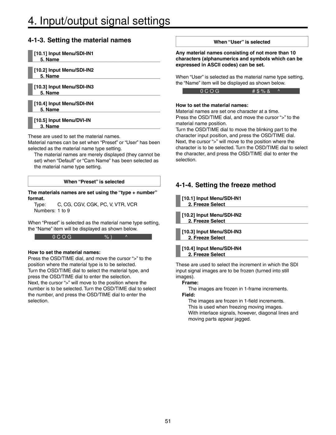 Panasonic AW-HS50N Setting the material names, Setting the freeze method, How to set the material names, Frame, Field 