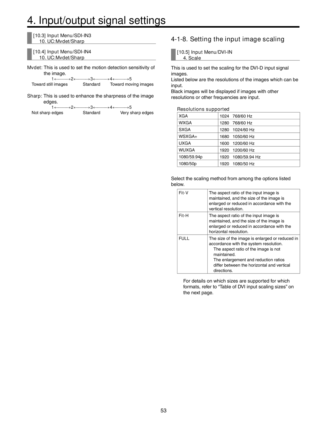 Panasonic AW-HS50N Setting the input image scaling, Input Menu/SDI-IN3 UCMvdet/Sharp Input Menu/SDI-IN4 